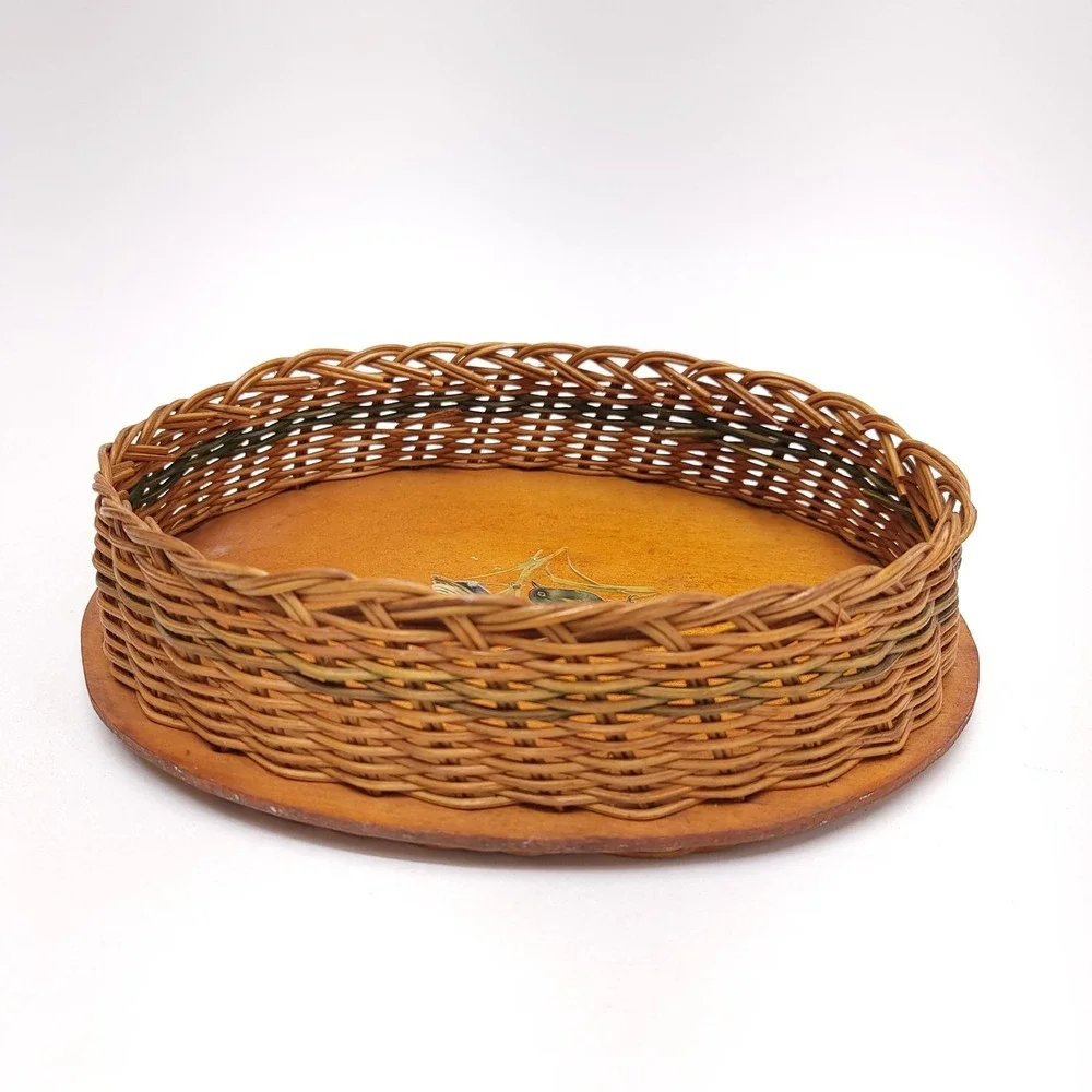 Vintage Wicker Rattan Woven Basket Tray Song Bird Boho Farmhouse MCM 10